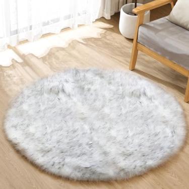 Imagem de ORINOVA Tapete felpudo redondo branco e cinza de 1,2 m tapetes de pele de carneiro sintética para sala de estar tapete de pelúcia lavável pequeno círculo para decoração de quarto fofo para quarto de bebê