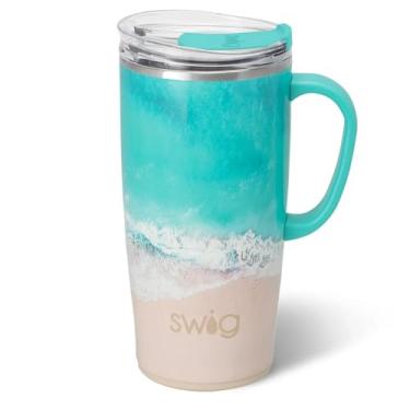 Imagem de Swig Life Caneca de viagem de 623 g, copo isolado com alça e tampa, caneca de café de viagem, compatível com porta-copos, copo de aço inoxidável de 623 g, reutilizável isolado com tampa (maré alta)