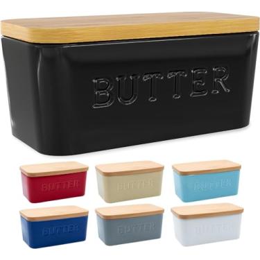 Imagem de PriorityChef Prato de manteiga grande com tampa para bancada, recipiente de manteiga de cerâmica com tampa hermética, protetor de manteiga para balcão ou geladeira, suporte de manteiga preto