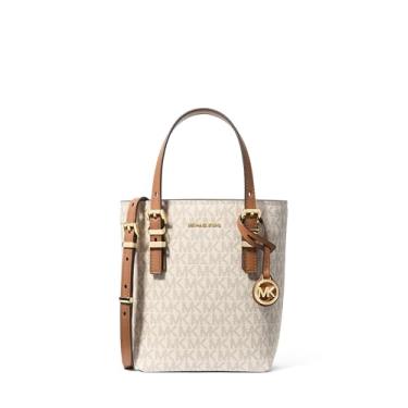 Imagem de Michael Kors Quinn Bolsa tiracolo extra pequena, ferragens douradas/sarja revestida com assinatura MK/baunilha/bolota