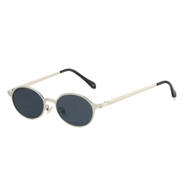 Imagem de HCHES Óculos de sol retrô pequeno oval de metal feminino, armação transparente com lentes punk e rebites UV400 (cinza prateado)