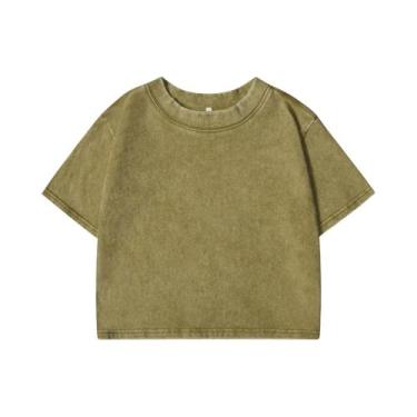 Imagem de Camiseta Cropped Feminina Solta Com Decote Redondo 100% Algodão Lavado