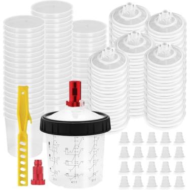 Imagem de DAXINYANG Copo descartável para pistola de pulverização de tinta, sistema de pintura para pistola de tinta spray LVLP e HVLP, kit de 600 ml com sistema de 50 copos e tampas, sistema de 20 plugues