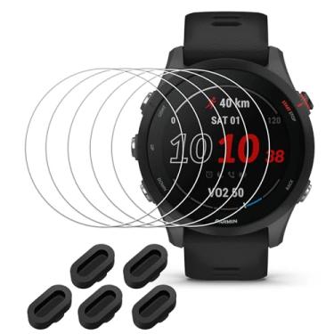 Imagem de Vancle Pacote com 5 protetores de tela para Garmin Forerunner 255/255 Music com 5 plugues de silicone antipoeira, película protetora de vidro temperado antiarranhões