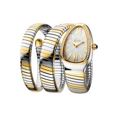 Imagem de DAXIAOYU Relógio feminino moderno de quartzo serpentina incrustado diamante dourado relógios femininos pulseira de luxo leve, prata, ouro e branco