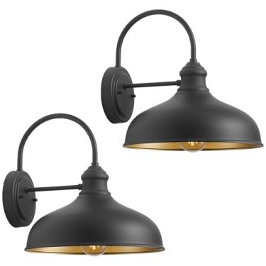 Imagem de GOALPLUS Luz externa para celeiro de fazenda de 30,5 cm, pacote com 2 arandelas de pescoço de ganso preto fosco com interior de latão, luzes de montagem na parede da porta da varanda externa grande