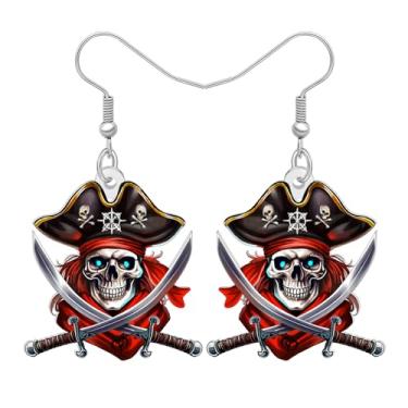 Imagem de DOWAY Brincos de caveira de pirata de acrílico, chapéu de bruxa assustador, abóbora e Halloween, joias de pirata, presentes de caveira para mulheres, acessórios de fantasia de Halloween, Medium