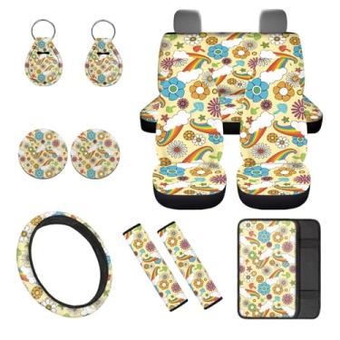 Imagem de Horeset Lindo conjunto de capas de assento de carro Daisy 12 peças com capa de volante, capa de cinto de segurança, console central, porta-chaves, fácil de instalar, adequado para a maioria dos carros