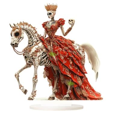 Imagem de Surakey Noiva fantasma a cavalo com coroa e crânio 2D decoração de acrílico plana saia vermelha esqueleto fantasma ornamento decoração de mesa acrílico esqueleto noiva com coroa presente decorações