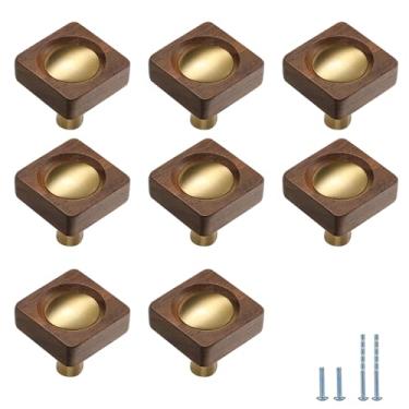 Imagem de Evionlin 8 peças ganchos de parede quadrados de cobre e nogueira, maçanetas de porta de armário, puxadores de armário de cozinha ou puxadores de gaveta, adequados para armários e banheiros