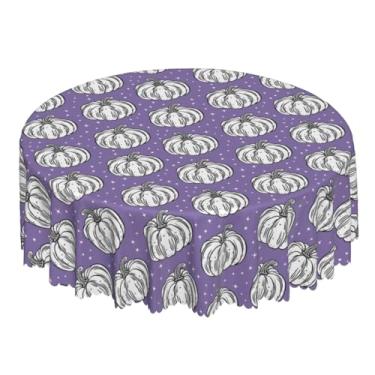 Imagem de NeuKim Toalha de mesa de outono branca abóbora roxa redonda 152 cm capa de toalha de mesa de Ação de Graças tapete à prova de derramamento para cozinha, festa, jantar, decoração de mesa