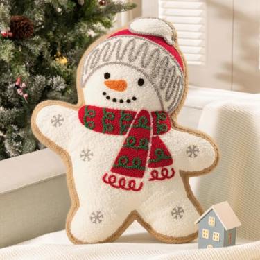Imagem de Phantoscope Travesseiro de pelúcia Merry Christmas, almofada de pelúcia em forma de boneco de neve com chapéu, almofada decorativa de Natal para sofá e sala de estar, branca, 48 x 38 cm