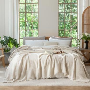 Imagem de MooMee Cobertor de musselina - Cobertor de gaze 100% algodão de 4 camadas com borlas ultramacio respirável leve e refrescante para sofá de cama (bege, Queen 228 cm x 228 cm)