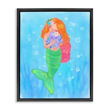 Imagem de Stupell Industries Arte de parede em tela flutuante com moldura preta Sweet Mermaid Love, design de Stephanie Sanchez, 78 x 63 cm