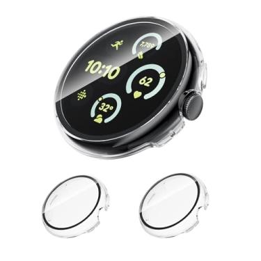 Imagem de Pacote com 2 capas com vidro temperado para Google Pixel Watch 3 2 1 protetor de tela de 41 mm mulheres e homens, capa de proteção geral de policarbonato rígido resistente a arranhões para Google