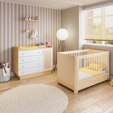 Imagem de Conjunto com Berço 2 em 1 e Cômoda 4 Gavetas 1 Porta, Rattan e Madeira Maciça Wave Casatema Branco/Natural