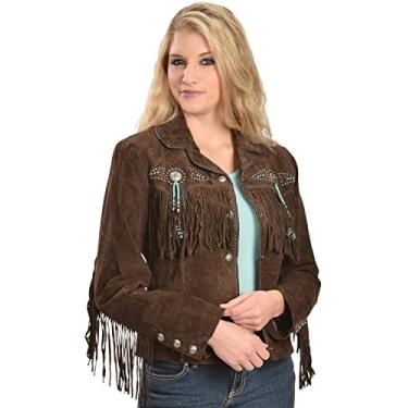 Imagem de Jaqueta, couro de camurça ocidental com franjas e conchos, várias cores - Estilo L152, Chocolate, XGG