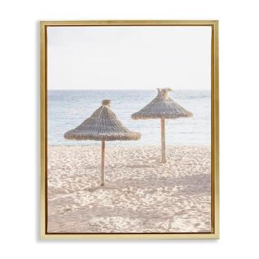 Imagem de Stupell Industries Guarda-chuvas de palha na praia, moldura dourada, tela flutuante, arte de parede, design por Sisi e Seb, 30 x 25