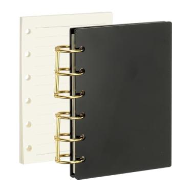 Imagem de PATIKIL Capa para caderno com 6 anéis, fichário acrílico A7, 2 anéis redondos de metal dourado com 90 folhas forradas para planejamento de viagem e escritório, preto