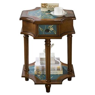 Imagem de Mesa de centro de design simples, mesa de cabeceira vintage, mesa de canto de madeira antiga e chique, mesa de cabeceira pequena com gaveta e prateleira de armazenamento aberta para sala de estar