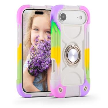 Imagem de MARKILL Compatível com capa para iPhone de 6,7 polegadas com suporte de anel de rotação de 360 graus, proteção contra quedas de grau militar, capa protetora robusta para crianças (arco-íris branco)