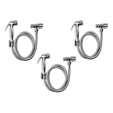 Imagem de Kit Ducha Higiênica Íntima, Chuveirinho Completo, 3 Unidades, ABS Cromado, Mangueira Metálica 1,20m, com Registro 1/4 Volta e Suporte de Parede
