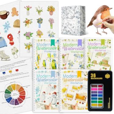 Imagem de 5 peças, livro de colorir em aquarela para iniciantes com 36 cores, cor de tinta com pincel, papel aquarela, kit de pintura em aquarela para iniciantes - pássaro, jardim, buquê, inverno e cozinha