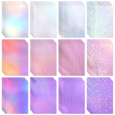 Imagem de Kifmurase Cartão holográfico metálico com 120 folhas, porta-cartões brilhantes com glitter, papel espelhado iridescente com glitter, 250 g/m2, papel laminado de 12 cores mistas para álbuns, confecção