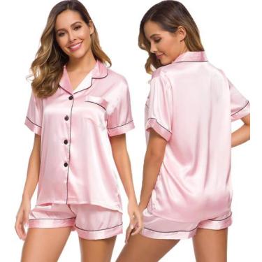 Imagem de Conjunto de pijama feminino SWOMOG, seda, cetim, manga curta, rosa