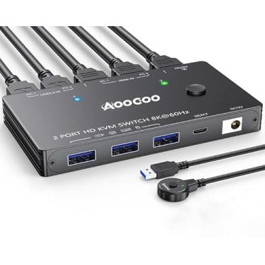 Imagem de Interruptor HDMI KVM 8K @60Hz 1 monitores 2 computadores 4K @ 120Hz KVM Switches com porta USB 3.0, controle remoto com fio, adaptador de energia e cabos USB 3.0 incluídos (2 PC 1 monitor 8K HDMI KVM)