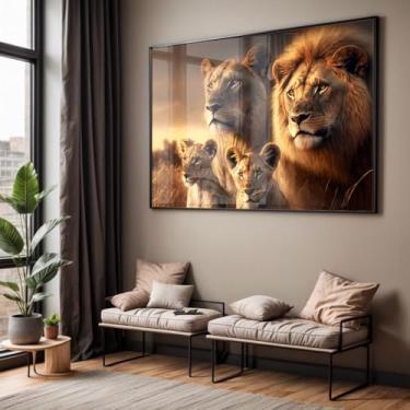 Imagem de Quadro com Moldura e Acrilico Cristal Vidro Sala Quarto Família de Leão Leões Filhote Decorativo Horizontal Grande Hall