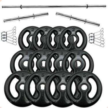Imagem de Kit Anilhas Emborrachadas Preta 40 Kg + Barras com Presilhas - BOX ING