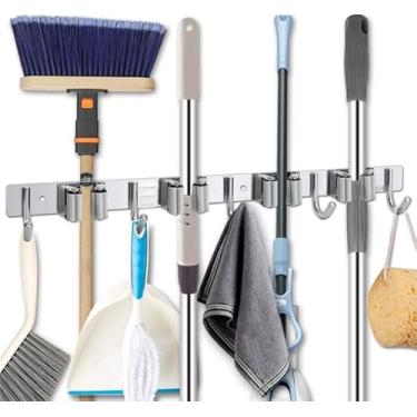 Imagem de Suporte Organizador Multiuso de Parede em Aço Inox 9 em 1 Porta Vassouras Rodo Esfregão Utensílios de Limpeza e Ferramentas de Jardim 49,9cm Suporta 30kg Instalação Fácil