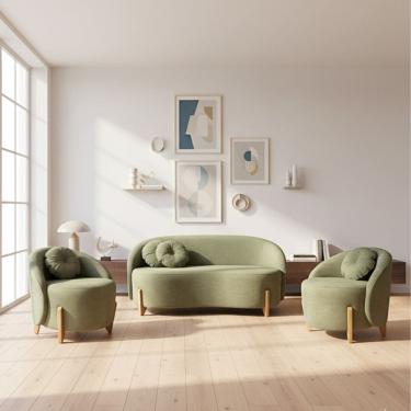 Imagem de Kit 01 Sofá 2 Lugares + 02 Poltronas Orgânicos c/ Almofadas Curvo Sala Recepção Amsterdã Boucle Verde Oliva - Montanari`s Decor