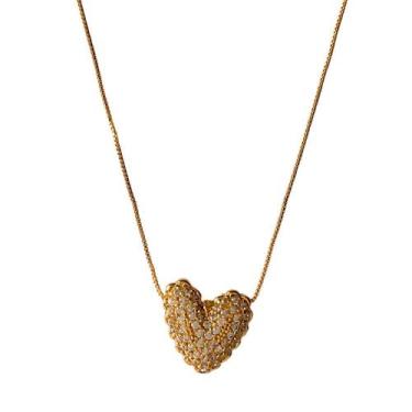 Imagem de Colar Feminino Banhado a Ouro 18K Semijoia Pingente Coração Cravejado 