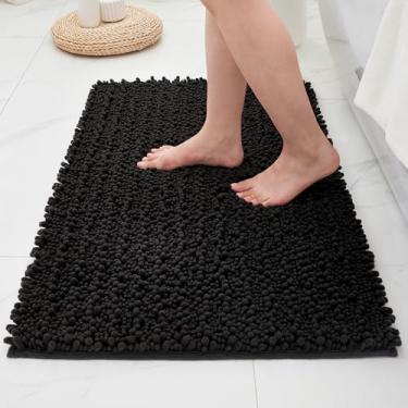 Imagem de ILANGO Tapetes de banheiro pretos 91 x 61 cm, tapetes de banho de chenille absorventes extramacios, tapete de banho grosso, antiderrapante, felpudo, lavável na máquina, tapetes de banho de secagem