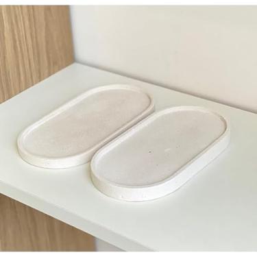 Imagem de Conjunto 2 peças Bandejas Ovais de cimento branco artesanal resistente à água. (2 Peças Branco Areia)
