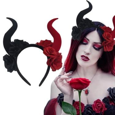 Imagem de mdgfge Tiara de chifres de diabo para Halloween, vermelho, preto, cosplay, flores góticas, chifre de demônio, acessório de cabelo de argola para mulheres, baile de máscaras, festa de Halloween