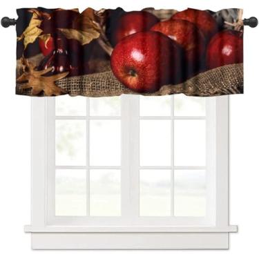Imagem de JanJCurt Saia de cozinha de maçã fresca, cesta de madeira de linho vintage rústica maçã vermelha outono folhas caídas impressão bolso varão cortina blackout para janela para café, sala de estar