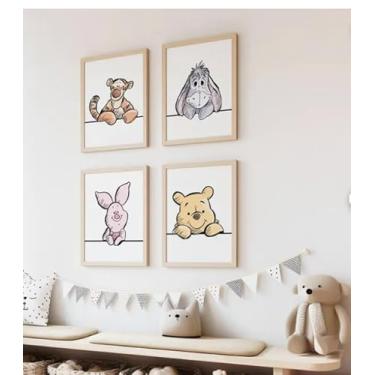 Imagem de Conjunto de 4 arte de parede de berçário Ursinho Pooh e seus amigos, ilustrações de personagens, decoração de quarto infantil - Impressão de pôster 28 x 35 cm - SEM MOLDURA