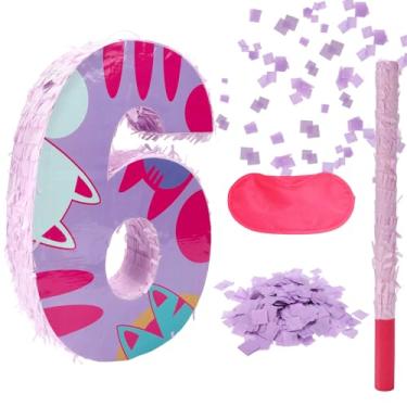 Imagem de Conjunto Pinhatas com Número Gato, Pinhata Aniversário com Tema Bastão Bater Tapa Olho Pedaços Papel Decorações Festa de Aniversário Fáceis de Pendurar para Meninos Meninas (Número 6)