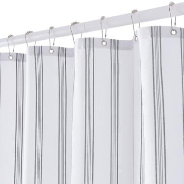 Imagem de ORTIGIA Cortina de chuveiro de tecido texturizado - preto listrado, 182 x 192 cm, cortina de banheiro com estrutura Seersucker com 12 ganchos de metal, cortina de chuveiro listrada preta e branca para