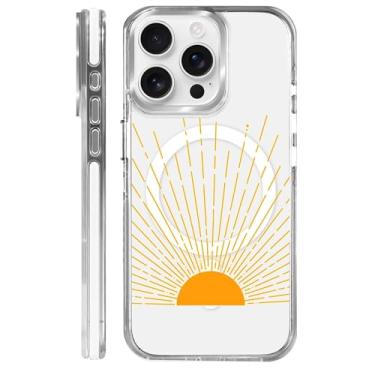 Imagem de MQJCYB Capa magnética para iPhone 15 Pro com design em base transparente, compatível com MagSafe, capa protetora fina de TPU macio para telefone feminina e meninas laranja sol pôr do sol