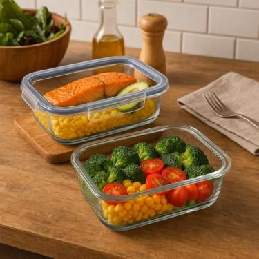 Imagem de KIT 2 Potes Vidros Retangulares Herméticos Marmitas Mantimentos 4 Travas 1040 ML