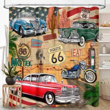 Imagem de TKUYO Route 66 Road Cortina de chuveiro para banheiro, estilo rústico, masculino, vintage, clássico, motociclista, country, ocidental, retrô, homem, caverna, impermeável, com ganchos, 183 x 213 cm