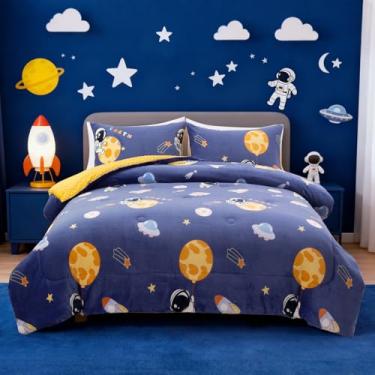 Imagem de Holawakaka Conjunto de edredom de pelúcia tamanho casal astronauta do espaço, estampa de OVNI, galáxia, estrelas, foguete, para crianças, meninos, meninas, quente, grosso, conjunto de cama de berçário