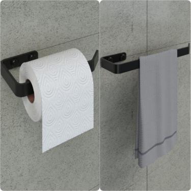 Imagem de Kit Porta Papel Higiênico e Toalha de Rosto Preto Fosco Plus - HomeFul