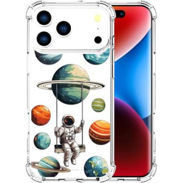 Imagem de ENDIY Compatível com capas para iPhone 17 Pro Max com design, linda capa de telefone transparente para mulheres e meninas com amortecedor protetor resistente (planetas espaciais astronautas