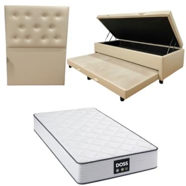 Imagem de Cama Box Baú Solteiro com Auxiliar (Bicama) + Colchão Doss Molas Ensacadas 30cm | Kit Completo com Cabeceira Botonê Opcional | Diversas Cores (3, CORINO BEGE, COM CABECEIRA)