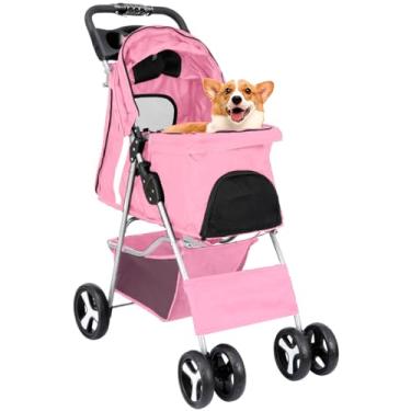 Imagem de Um Carrinho DobráVel Para Animais De EstimaçãO, Adequado Para Gatos E CãEs Com Peso Inferior A 15 Kg, Que Oferece Um Meio De Transporte ConfortáVel E PráTico.(Rosa)
